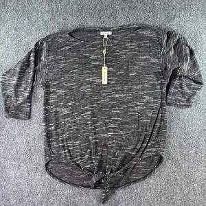 Max Studio Knit Top Womens Small Gray Space Dye Tie Front NWT Casual 3/4 Sleeve